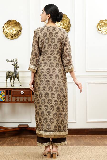 Sheeshakari_Brown Silk, Cotton Embroidery, Beads, Floral Abstract Pattern Kurta Pant Set _Online_at_Aza_Fashions