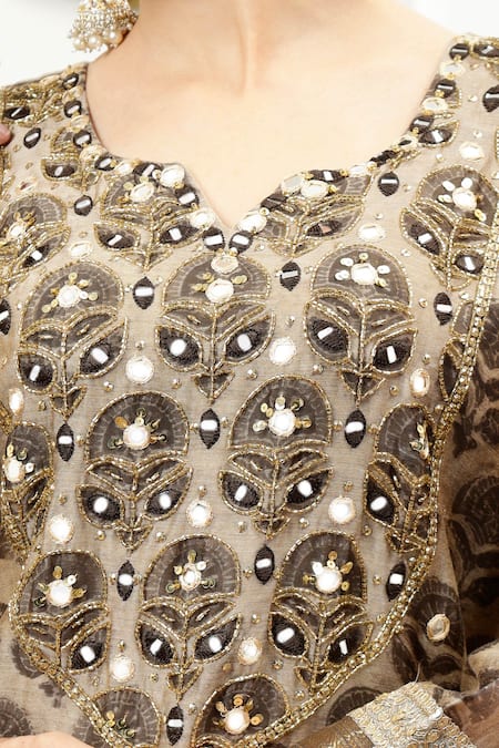 Shop_Sheeshakari_Brown Silk, Cotton Embroidery, Beads, Floral Abstract Pattern Kurta Pant Set _Online_at_Aza_Fashions