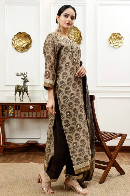 Sheeshakari_Brown Silk, Cotton Embroidery, Beads, Floral Abstract Pattern Kurta Pant Set _at_Aza_Fashions