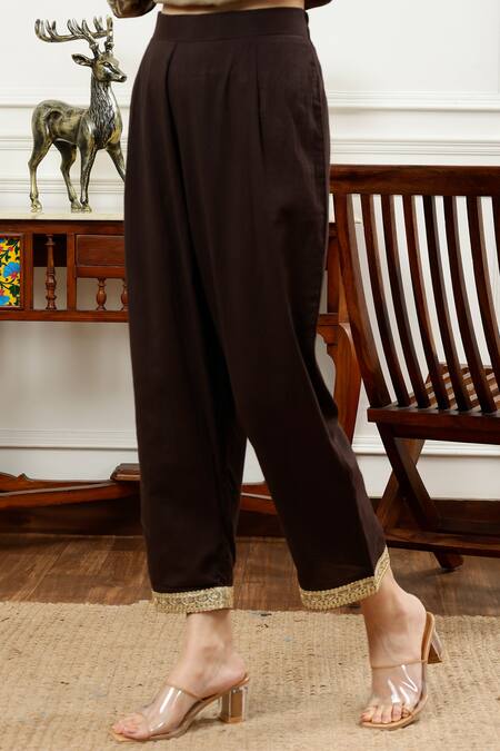 Buy_Sheeshakari_Brown Silk, Cotton Embroidery, Beads, Floral Abstract Pattern Kurta Pant Set 