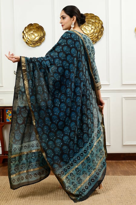 Shop_Sheeshakari_Blue Silk, Cotton Embroidery, Beads, Abstract Blossom Pattern Kurta Pant Set _at_Aza_Fashions