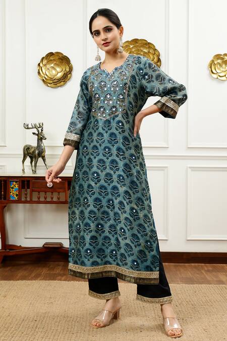 Sheeshakari_Blue Silk, Cotton Embroidery, Beads, Abstract Blossom Pattern Kurta Pant Set _Online_at_Aza_Fashions