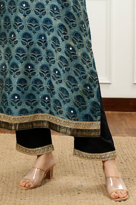 Buy Sheeshakari Blue Silk, Cotton Embroidery, Beads, Abstract Blossom Pattern Kurta Pant Set Online at Aza Fashions Buy_Sheeshakari_Blue Silk, Cotton Embroidery, Beads, Abstract Blossom Pattern Kurta Pant Set _Online_at_Aza_Fashions