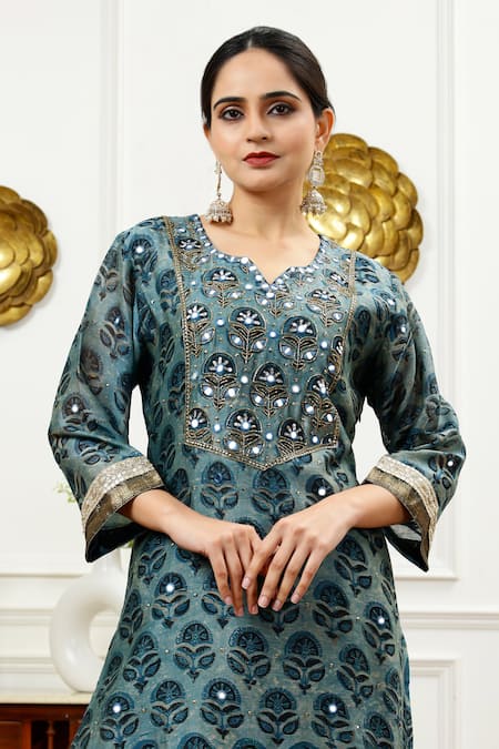 Shop_Sheeshakari_Blue Silk, Cotton Embroidery, Beads, Abstract Blossom Pattern Kurta Pant Set _Online_at_Aza_Fashions