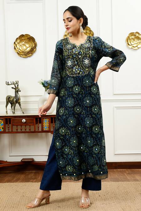 Sheeshakari_Blue Silk, Cotton Embroidery, Beads, Mirrors Floral Vine Pattern Kurta Pant Set _Online_at_Aza_Fashions