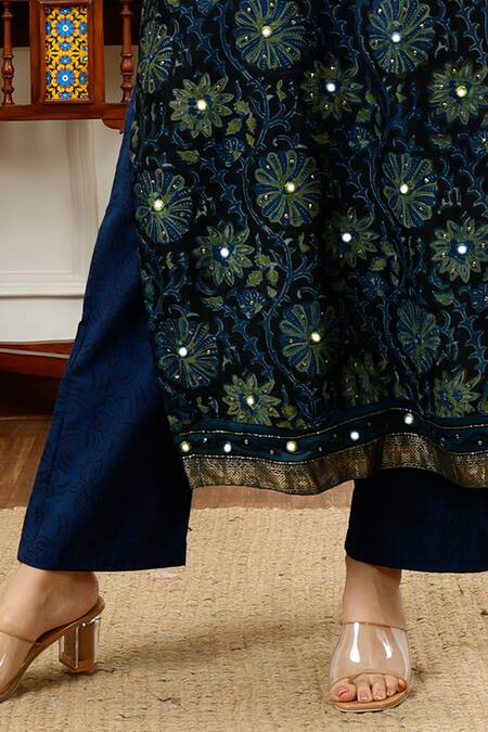 Buy_Sheeshakari_Blue Silk, Cotton Embroidery, Beads, Mirrors Floral Vine Pattern Kurta Pant Set _Online_at_Aza_Fashions
