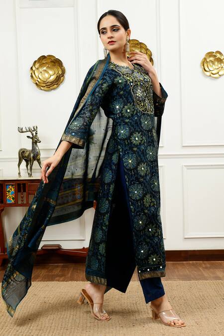 Sheeshakari_Blue Silk, Cotton Embroidery, Beads, Mirrors Floral Vine Pattern Kurta Pant Set _at_Aza_Fashions