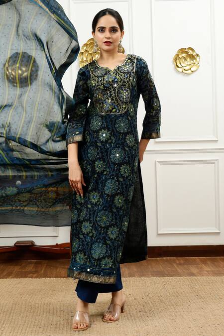 Buy_Sheeshakari_Blue Silk, Cotton Embroidery, Beads, Mirrors Floral Vine Pattern Kurta Pant Set 