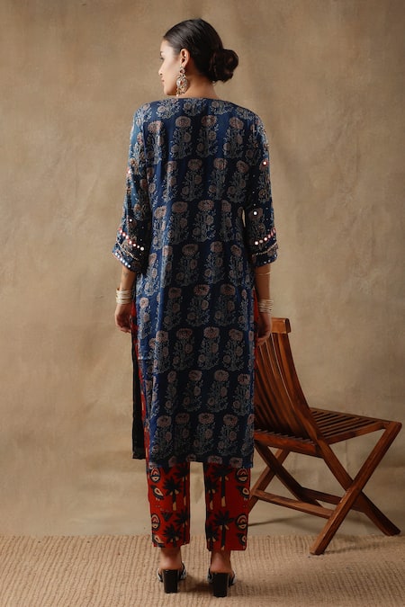 Shop Sheeshakari Blue Silk Embroidery, Beads, Floral Blossom Handblock Print Kurta Pant Set at Aza Fashions Shop_Sheeshakari_Blue Silk Embroidery, Beads, Floral Blossom Handblock Print Kurta Pant Set _at_Aza_Fashions