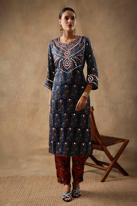 Sheeshakari Blue Silk Embroidery, Beads, Floral Blossom Handblock Print Kurta Pant Set Online at Aza Fashions Sheeshakari_Blue Silk Embroidery, Beads, Floral Blossom Handblock Print Kurta Pant Set _Online_at_Aza_Fashions