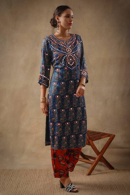 Buy Sheeshakari Blue Silk Embroidery, Beads, Floral Blossom Handblock Print Kurta Pant Set Online at Aza Fashions Buy_Sheeshakari_Blue Silk Embroidery, Beads, Floral Blossom Handblock Print Kurta Pant Set _Online_at_Aza_Fashions