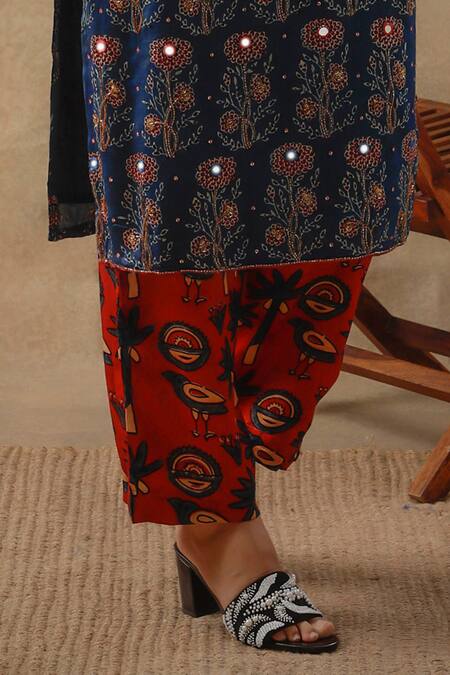 Shop Sheeshakari Blue Silk Embroidery, Beads, Floral Blossom Handblock Print Kurta Pant Set Online at Aza Fashions Shop_Sheeshakari_Blue Silk Embroidery, Beads, Floral Blossom Handblock Print Kurta Pant Set _Online_at_Aza_Fashions