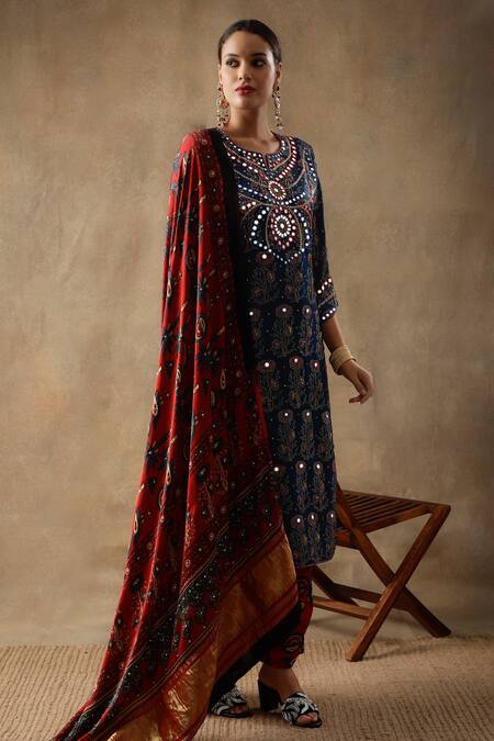 Sheeshakari Blue Silk Embroidery, Beads, Floral Blossom Handblock Print Kurta Pant Set at Aza Fashions Sheeshakari_Blue Silk Embroidery, Beads, Floral Blossom Handblock Print Kurta Pant Set _at_Aza_Fashions