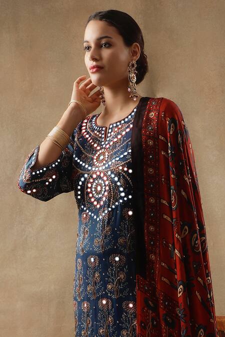 Buy Sheeshakari Blue Silk Embroidery, Beads, Floral Blossom Handblock Print Kurta Pant Set Buy_Sheeshakari_Blue Silk Embroidery, Beads, Floral Blossom Handblock Print Kurta Pant Set