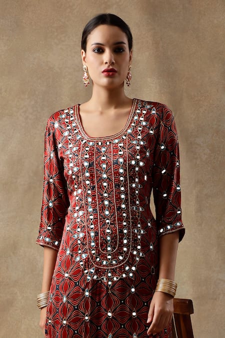 Buy Sheeshakari Red Silk Embroidery, Beads, Mirrors Round Blossom Handblock Print Kurta Pant Set Online at Aza Fashions Buy_Sheeshakari_Red Silk Embroidery, Beads, Mirrors Round Blossom Handblock Print Kurta Pant Set _Online_at_Aza_Fashions