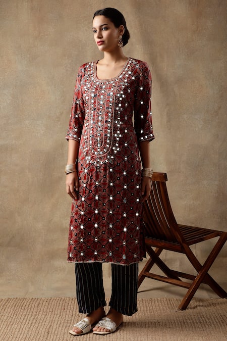 Shop_Sheeshakari_Red Silk Embroidery, Beads, Mirrors Round Blossom Handblock Print Kurta Pant Set _Online_at_Aza_Fashions