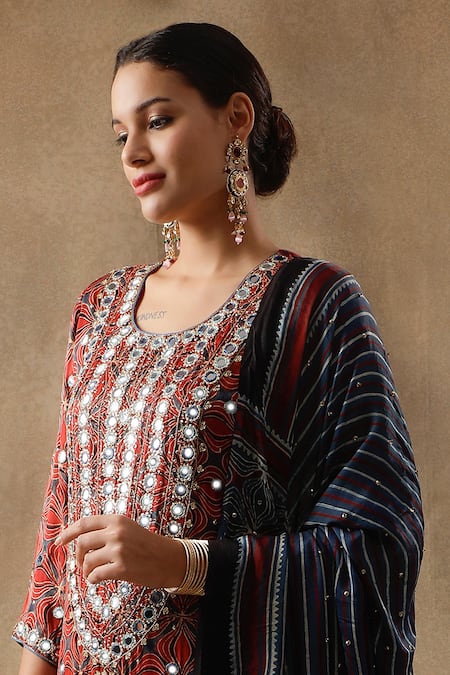 Sheeshakari_Red Silk Beads, Mirrors, Zari Round Neck Mirrorwork Embroidered Kurta Pant Set _at_Aza_Fashions