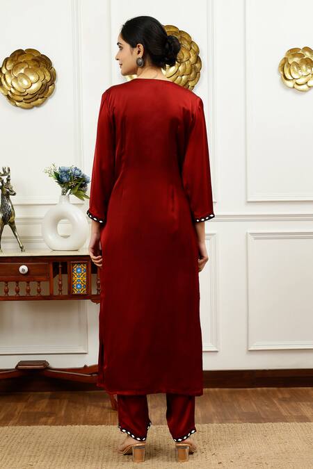 Shop_Sheeshakari_Brown Silk Beads, Mirrors Split V-neck Embroidered Kurta With Pant _at_Aza_Fashions