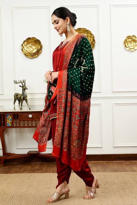 Buy_Sheeshakari_Brown Silk Beads, Mirrors Split V-neck Embroidered Kurta With Dhoti Pant _Online_at_Aza_Fashions