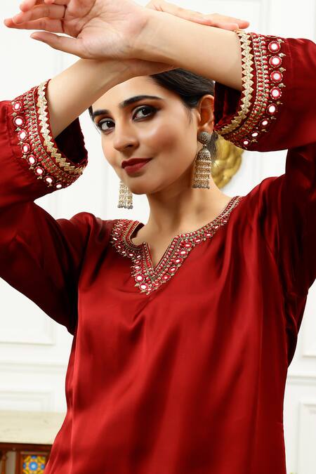 Shop_Sheeshakari_Brown Silk Beads, Mirrors Split V-neck Embroidered Kurta With Dhoti Pant _Online_at_Aza_Fashions