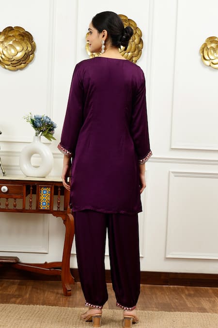 Shop_Sheeshakari_Purple Silk Beads, Mirrors Keyhole Neck Border Kurta With Harem Pant _at_Aza_Fashions