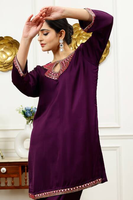 Shop_Sheeshakari_Purple Silk Beads, Mirrors Keyhole Neck Border Kurta With Harem Pant _Online_at_Aza_Fashions