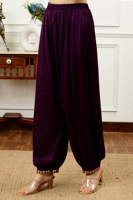 Sheeshakari_Purple Silk Beads, Mirrors Keyhole Neck Border Kurta With Harem Pant _at_Aza_Fashions