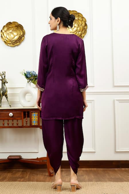 Shop_Sheeshakari_Purple Silk Beads, Mirrors Split V-neck Border Kurta With Dhoti Pant _at_Aza_Fashions