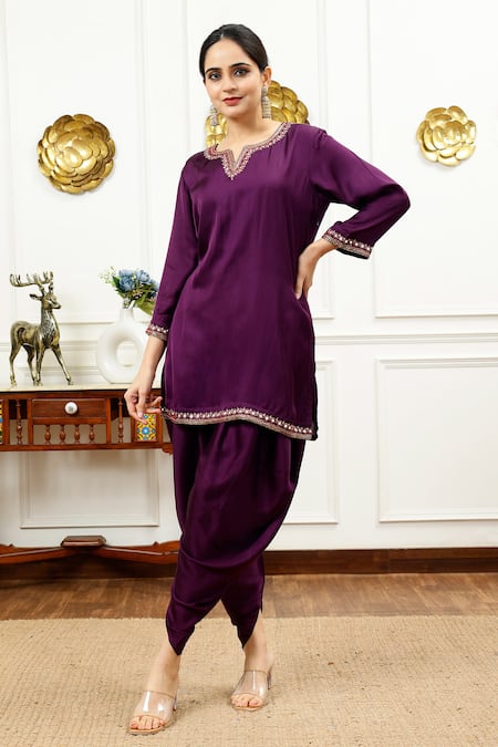 Sheeshakari_Purple Silk Beads, Mirrors Split V-neck Border Kurta With Dhoti Pant _Online_at_Aza_Fashions