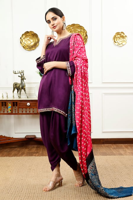 Shop_Sheeshakari_Purple Silk Beads, Mirrors Split V-neck Border Kurta With Dhoti Pant _Online_at_Aza_Fashions