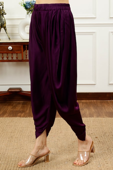 Sheeshakari_Purple Silk Beads, Mirrors Split V-neck Border Kurta With Dhoti Pant _at_Aza_Fashions