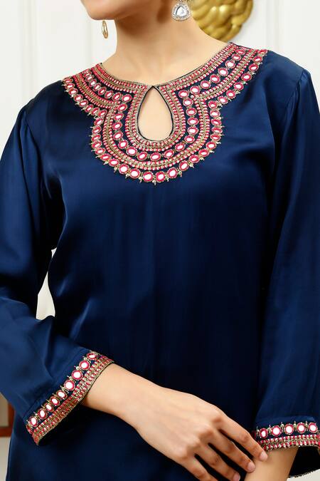 Shop_Sheeshakari_Blue Silk Beads, Mirrors Keyhole Neck Embroidered Border Kurta With Harem Pant _Online_at_Aza_Fashions