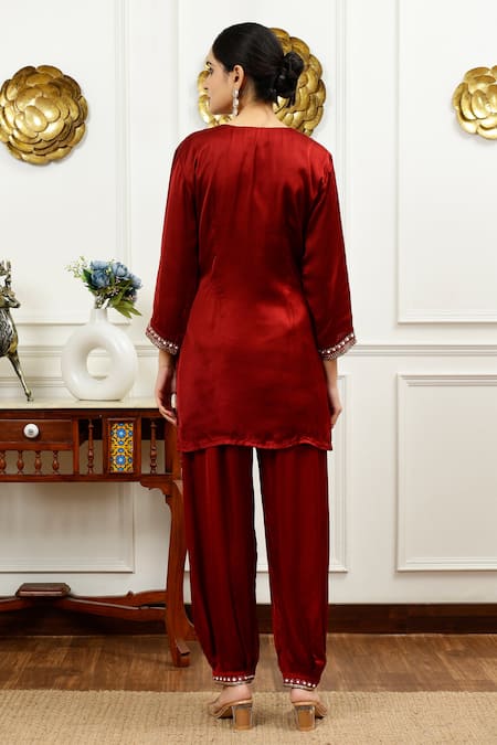 Shop_Sheeshakari_Brown Silk Beads, Mirrors Keyhole Neck Resham Embroidered Kurta With Harem Pant _at_Aza_Fashions