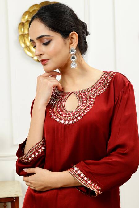 Sheeshakari_Brown Silk Beads, Mirrors Keyhole Neck Resham Embroidered Kurta With Harem Pant _Online_at_Aza_Fashions