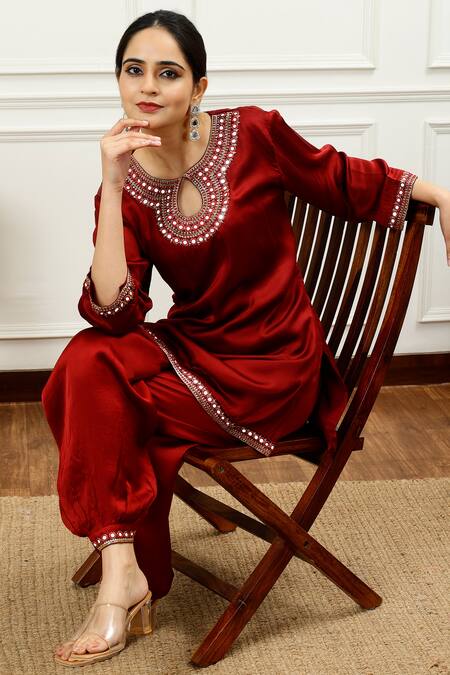 Buy_Sheeshakari_Brown Silk Beads, Mirrors Keyhole Neck Resham Embroidered Kurta With Harem Pant _Online_at_Aza_Fashions