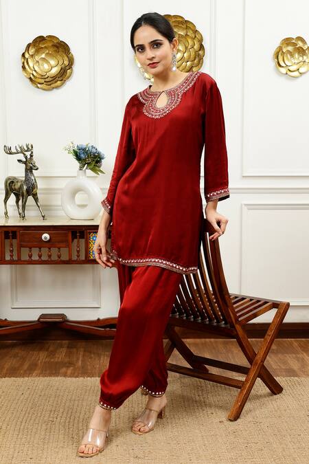 Shop_Sheeshakari_Brown Silk Beads, Mirrors Keyhole Neck Resham Embroidered Kurta With Harem Pant _Online_at_Aza_Fashions