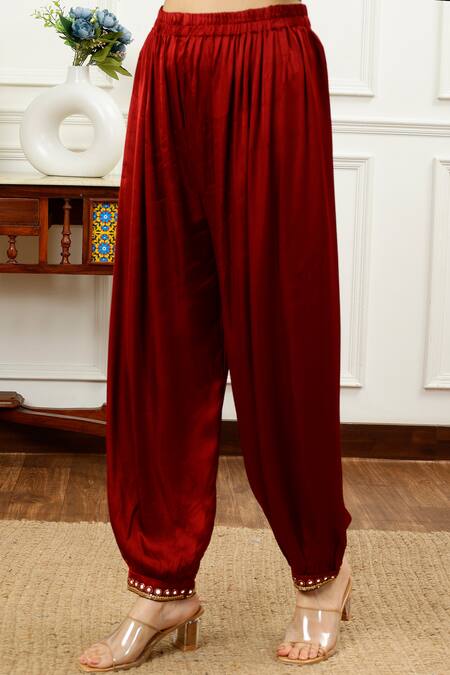 Sheeshakari_Brown Silk Beads, Mirrors Keyhole Neck Resham Embroidered Kurta With Harem Pant _at_Aza_Fashions