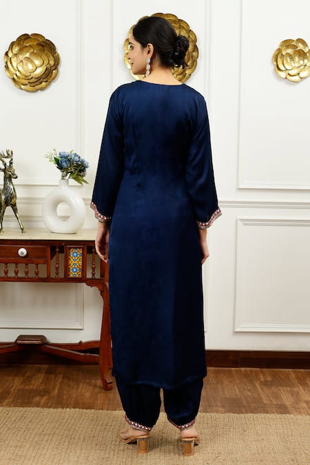 Shop_Sheeshakari_Blue Silk Mirrors, Beads Keyhole Neck Mirrorwork Border Kurta With Pant _at_Aza_Fashions
