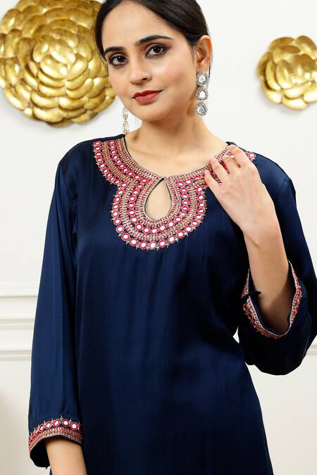 Buy_Sheeshakari_Blue Silk Mirrors, Beads Keyhole Neck Mirrorwork Border Kurta With Pant _Online_at_Aza_Fashions