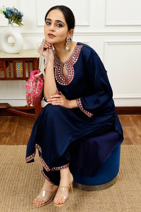 Shop_Sheeshakari_Blue Silk Mirrors, Beads Keyhole Neck Mirrorwork Border Kurta With Pant _Online_at_Aza_Fashions