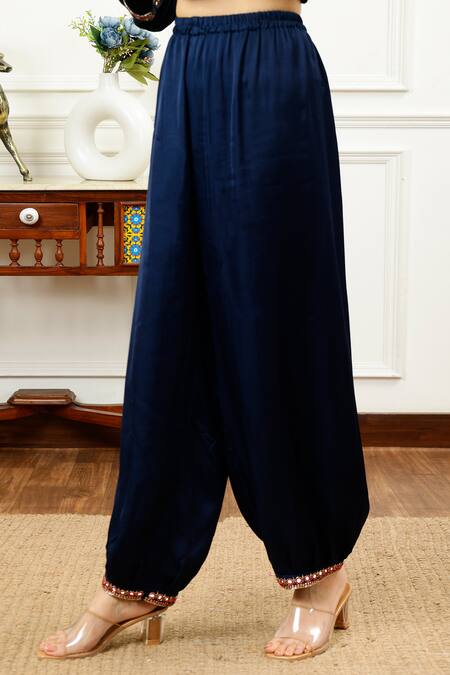 Sheeshakari_Blue Silk Mirrors, Beads Keyhole Neck Mirrorwork Border Kurta With Pant _at_Aza_Fashions