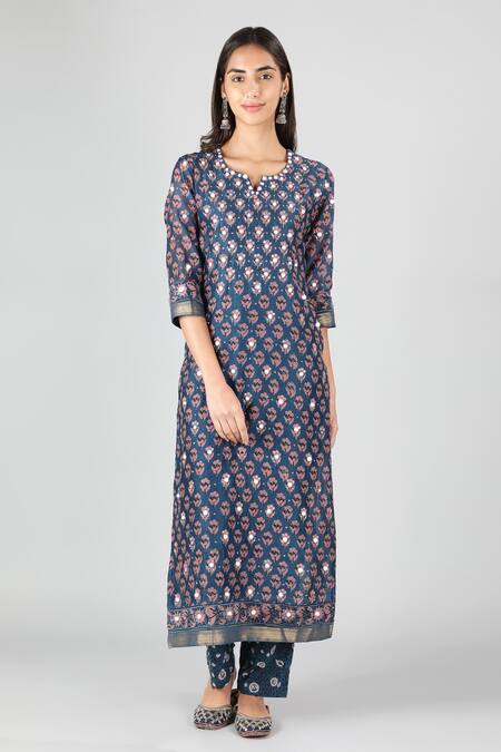 Sheeshakari_Blue Silk, Cotton Embroidery, Sequins, Mirrors Poppy Pattern Kurta Pant Set _Online_at_Aza_Fashions