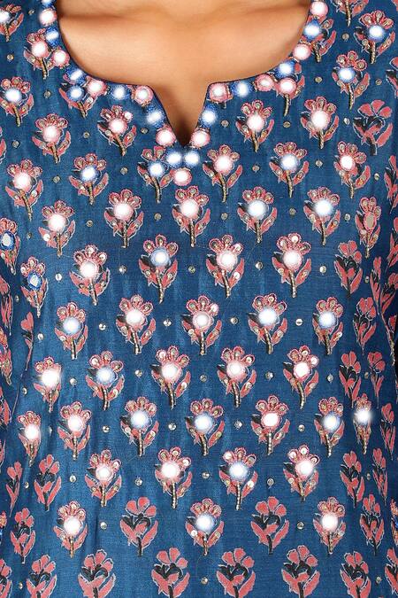 Buy_Sheeshakari_Blue Silk, Cotton Embroidery, Sequins, Mirrors Poppy Pattern Kurta Pant Set _Online_at_Aza_Fashions