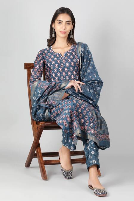Shop_Sheeshakari_Blue Silk, Cotton Embroidery, Sequins, Mirrors Poppy Pattern Kurta Pant Set _Online_at_Aza_Fashions
