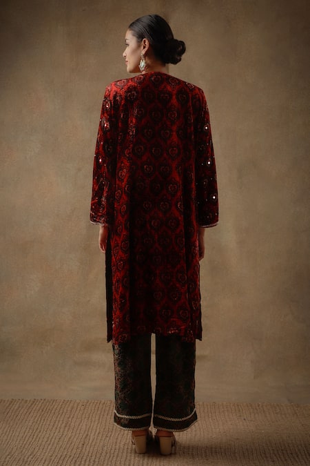 Shop_Sheeshakari_Red Velvet, Silk Embroidery, Beads, Sequins, Heart Pattern Kurta Pant Set _at_Aza_Fashions