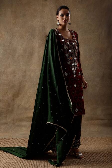 Shop_Sheeshakari_Red Velvet, Silk Embroidery, Beads, Sequins, Heart Pattern Kurta Pant Set _Online_at_Aza_Fashions