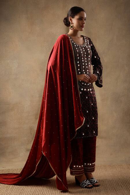 Shop_Sheeshakari_Black Velvet, Silk Mirrors, Sequins, Mirrorwork Paisley Pattern Kurta Pant Set _Online_at_Aza_Fashions