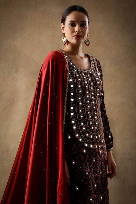 Sheeshakari_Black Velvet, Silk Mirrors, Sequins, Mirrorwork Paisley Pattern Kurta Pant Set _at_Aza_Fashions