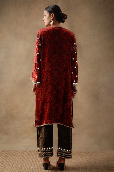 Shop_Sheeshakari_Red Velvet, Silk Sequins, Beads, Floral Swirl Embroidered Kurta Pant Set _at_Aza_Fashions