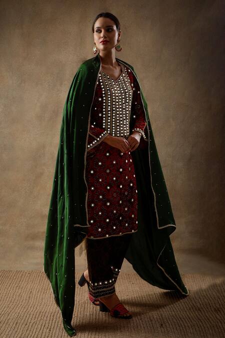Shop_Sheeshakari_Red Velvet, Silk Sequins, Beads, Floral Swirl Embroidered Kurta Pant Set _Online_at_Aza_Fashions